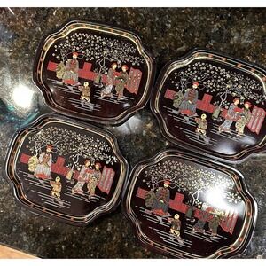 Lot of 4 Matching Elite Trays Octagon Asian Scene, Black With Gold & Red Accents